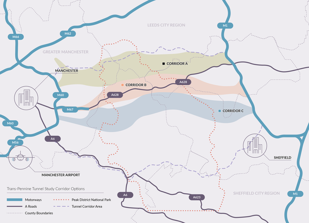 Manchester to Sheffield Trans-Pennine road tunnel routes shortlisted